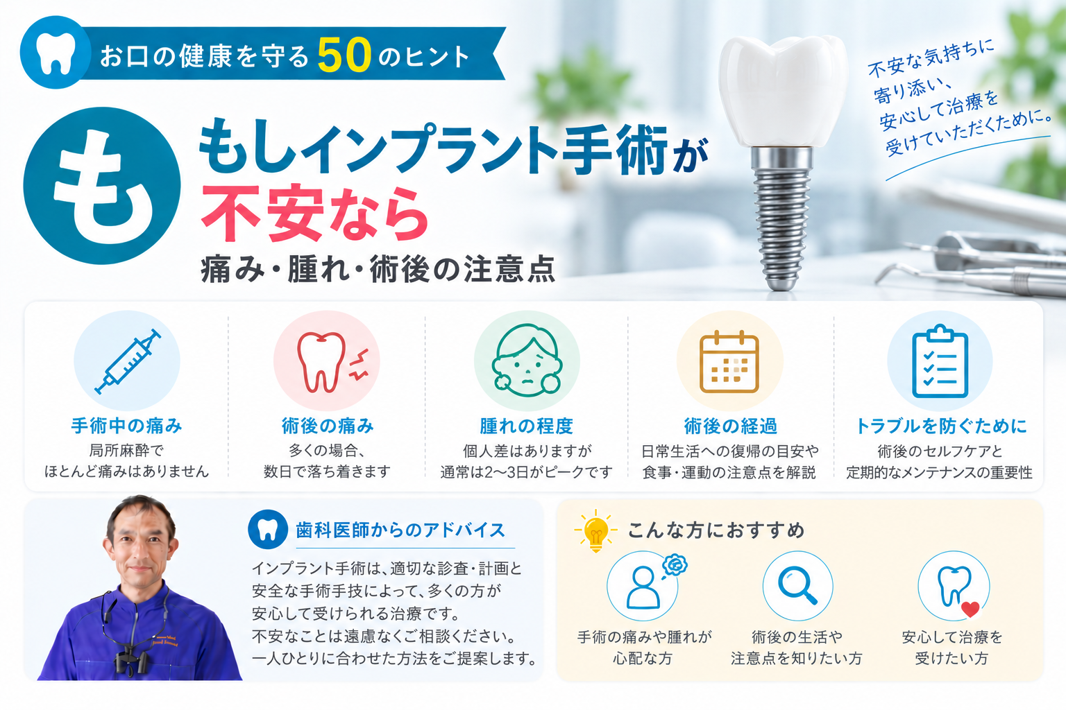 【も】もしインプラント手術が不安なら｜痛み・腫れ・術後の注意点